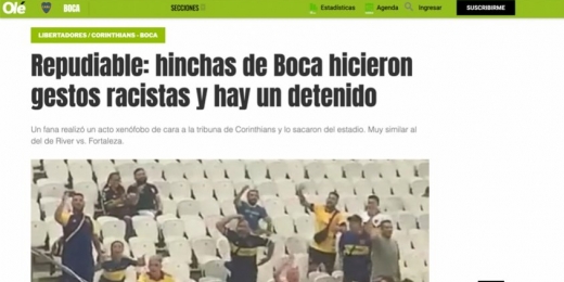 'Repudiável': veja como jornal argentino reagiu ao ato racista do torcedor do Boca contra o Corinthians